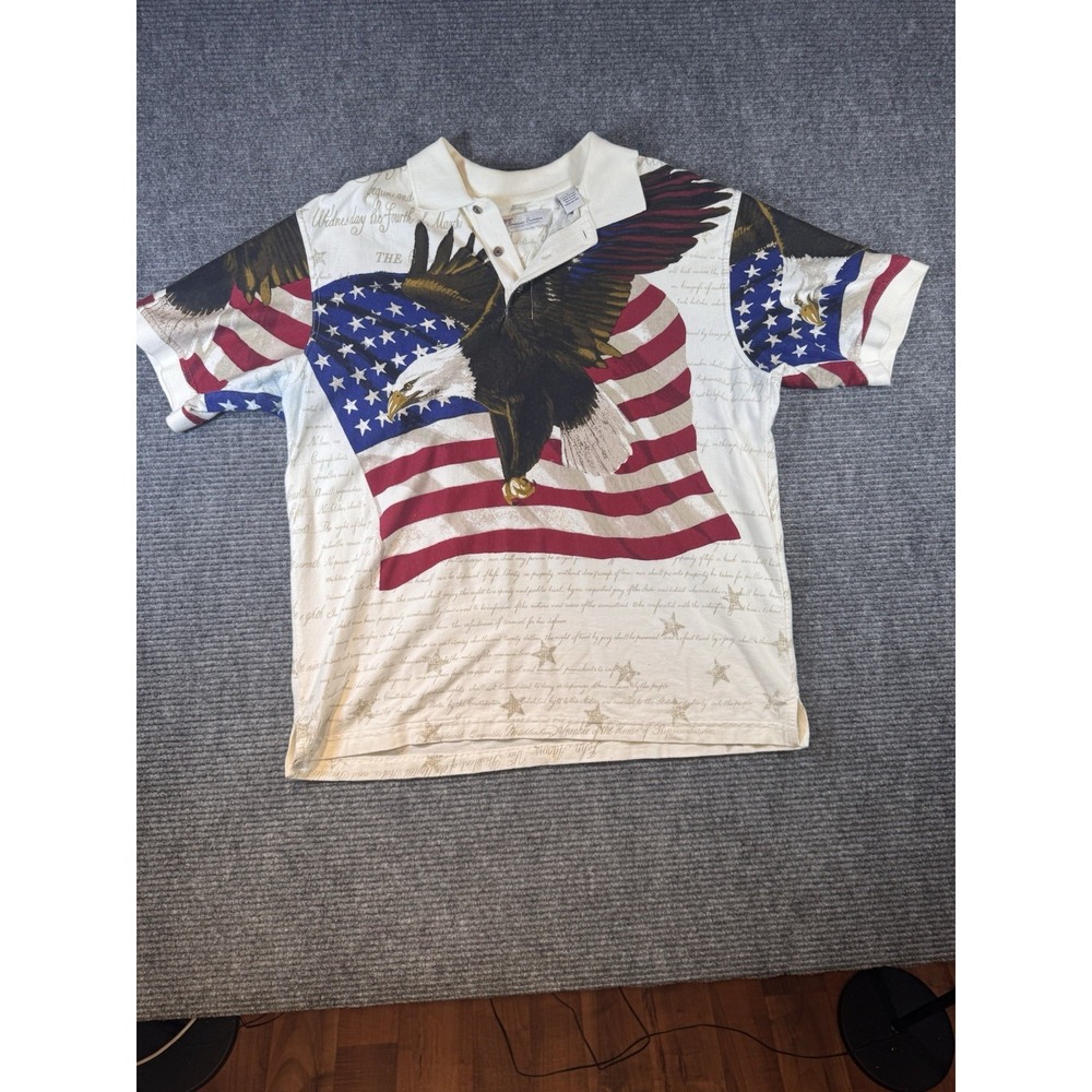 Patriotic Polo Shirt Men L White Eagle Flag Constitution Graphic‎ Print 2 Sided